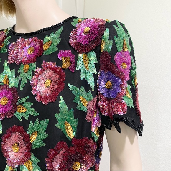 Vintage Laurence Kazar Heavily Beaded Sequin Floral Blouse Size M - Picture 8 of 16